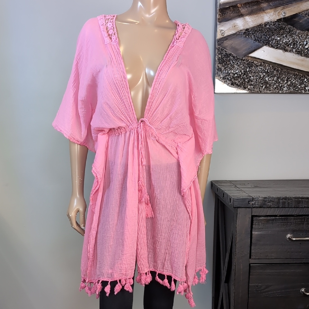 Charlie Paige Pink Tassel Swim Cover Up Womens One Size Boho Crochet Kaftan - Picture 13 of 13